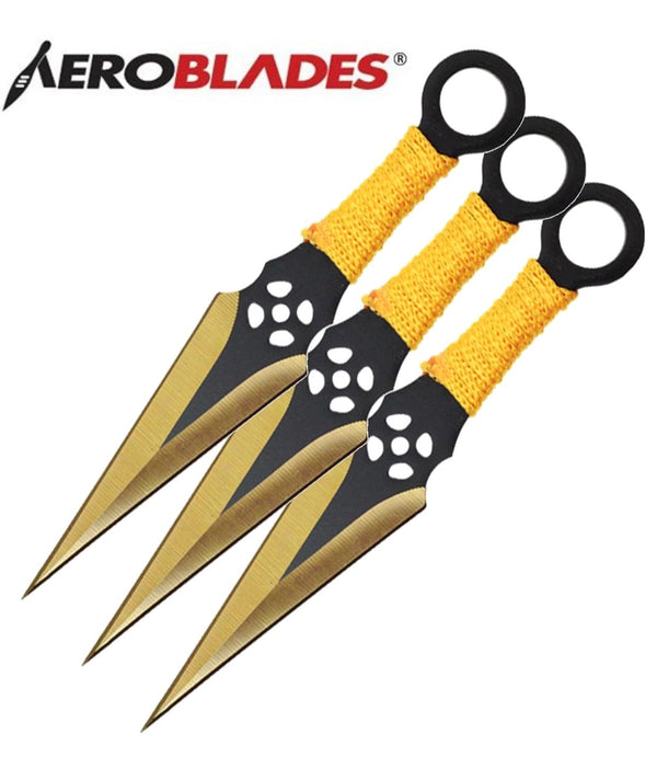 Aeroblades 3 Piece Gold Ninja Kunai Throwing Knives 6.5″