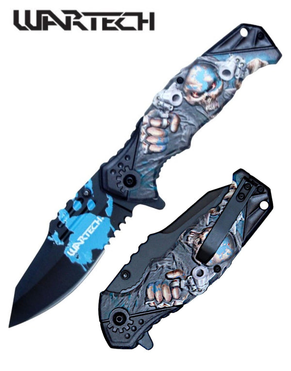 Wartech 8 1/4" Blue Skull Reaper Folding Knife