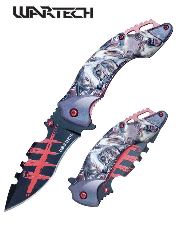 Wartech 8 1/4" Red Skeleton & Wolf Folding Knife