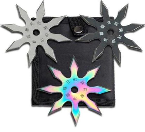 Perfect Point 4" Silver, Black & Rainbow 8 Point Throwing Star 3 Set