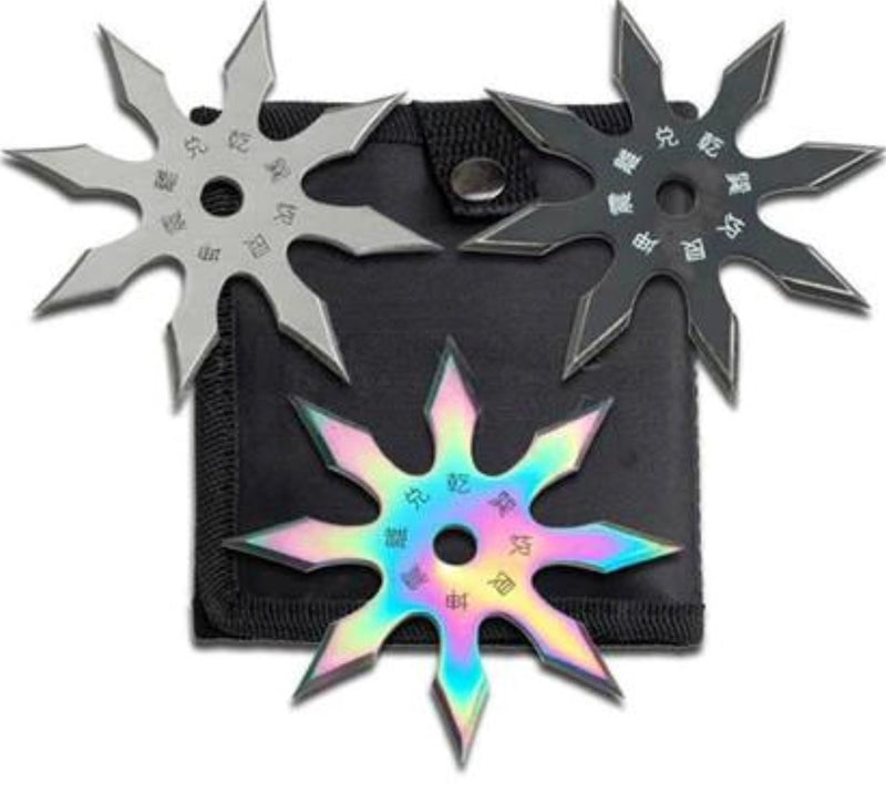 Perfect Point 4" Silver, Black & Rainbow 8 Point Throwing Star 3 Set