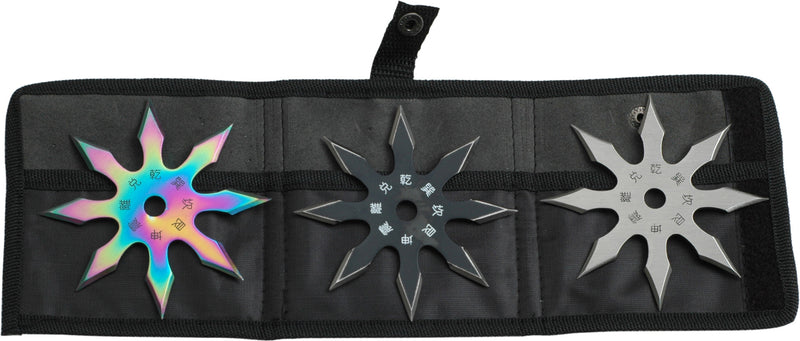 Perfect Point 4" Silver, Black & Rainbow 8 Point Throwing Star 3 Set