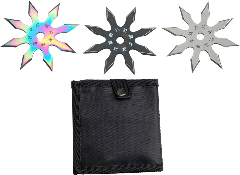 Perfect Point 4" Silver, Black & Rainbow 8 Point Throwing Star 3 Set
