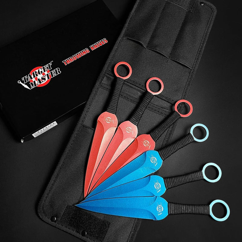Target Master 6 Set Blue & Red Kunai Throwing Knife Set 9" with Paper Target