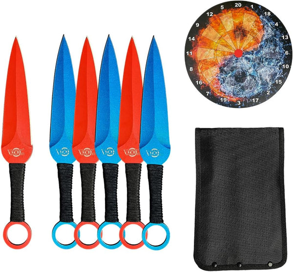 Target Master 6 Set Blue & Red Kunai Throwing Knife Set 9" with Paper Target