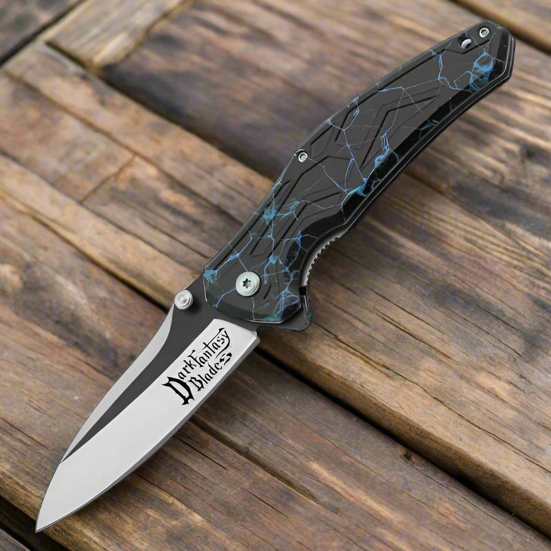Dark Fantasy Blades 8.5" Black Blue Lightning Folding Knife