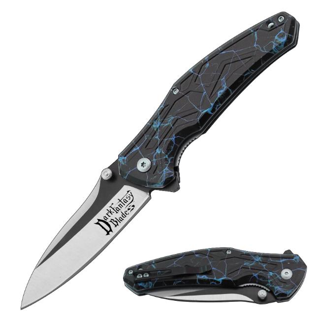 Dark Fantasy Blades 8.5" Black Blue Lightning Folding Knife