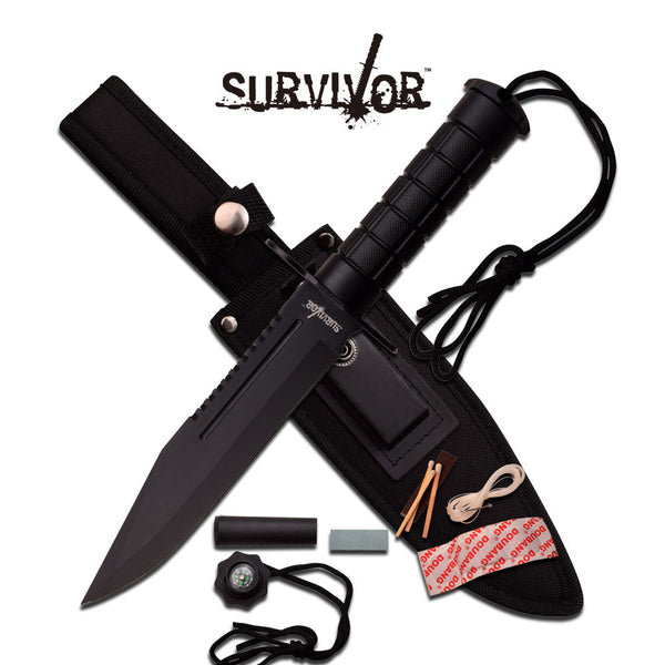 Survivior 12" Survival Black Bowie Fixed Blade Knife
