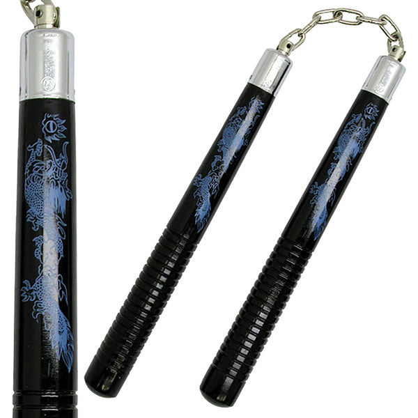 Nunchaku 12″ Black Round Wood with Blue Dragon