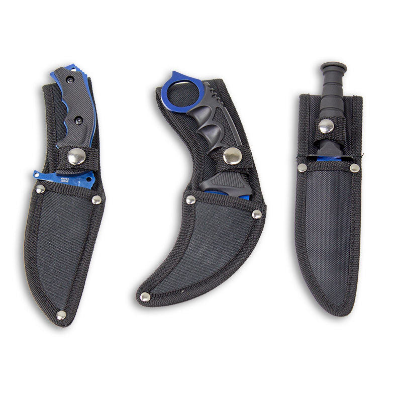 Falcon Tactical CS:GO Electro Blue Tactical Set: Huntsman Knife, Tactical Combat Knife, and Karambit Knife