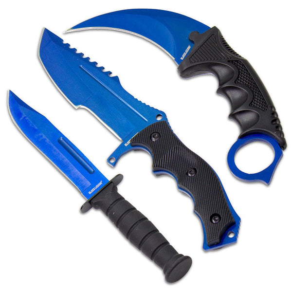 Falcon Tactical CS:GO Electro Blue Tactical Set: Huntsman Knife, Tactical Combat Knife, and Karambit Knife