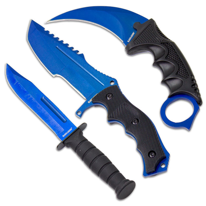 Falcon Tactical CS:GO Electro Blue Tactical Set: Huntsman Knife, Tactical Combat Knife, and Karambit Knife