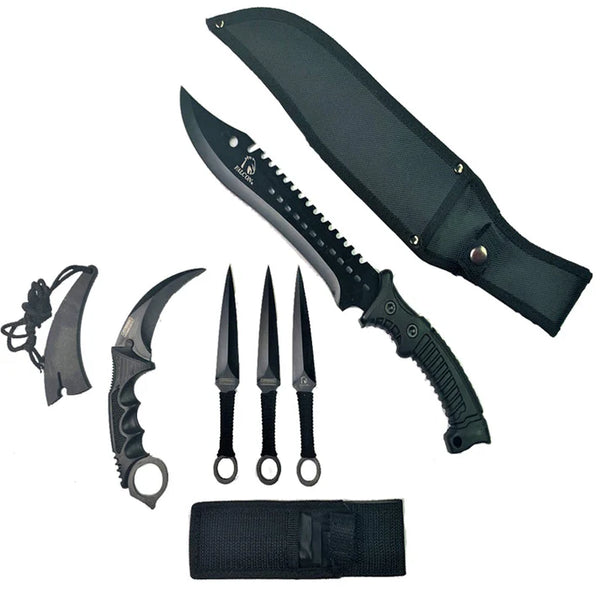 Falcon Black Knife Tactical Set: 15.5" Machete, 6.5" Throwing Knife Set, and Karambit Knife