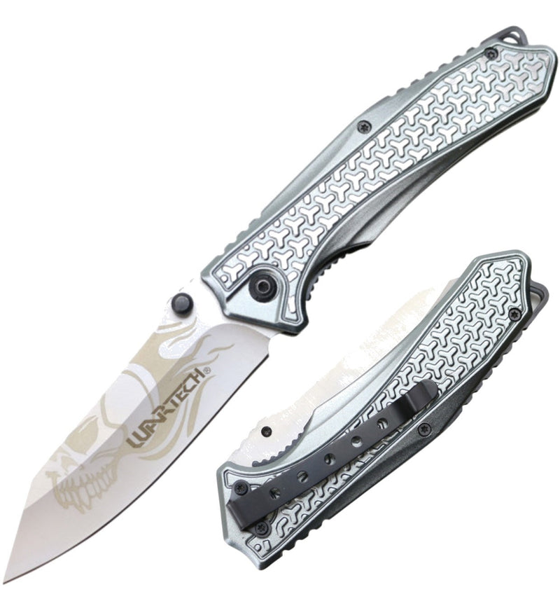 Wartech 8 1/2" Tactical Drop Point Silver Skull Folding Knife