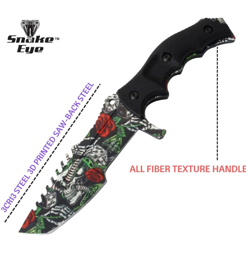 Snake Eye Tactical 8.5″ Green/Grey Skull & Rose Huntsman Fixed Blade Knife