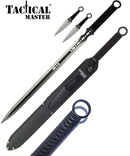 Tactical Master 27" Silver/Blk Ninja Machete Sword with 2 Throwing Knives