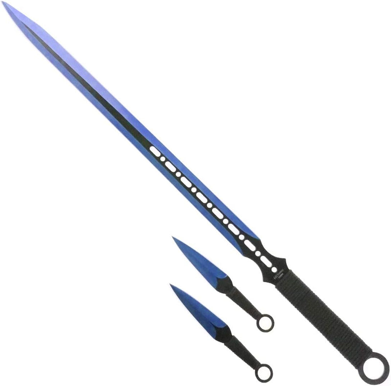 Tactical Master 27" Blue/Blk Ninja Machete Sword with 2 Throwing Knives