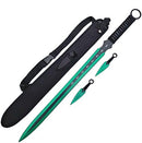 Tactical Master 27" Green/Blk Ninja Machete Sword with 2 Throwing Knives