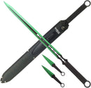 Tactical Master 27" Green/Blk Ninja Machete Sword with 2 Throwing Knives