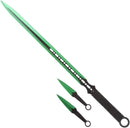 Tactical Master 27" Green/Blk Ninja Machete Sword with 2 Throwing Knives
