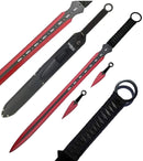 Tactical Master 27" Red/Blk Ninja Machete Sword with 2 Throwing Knives