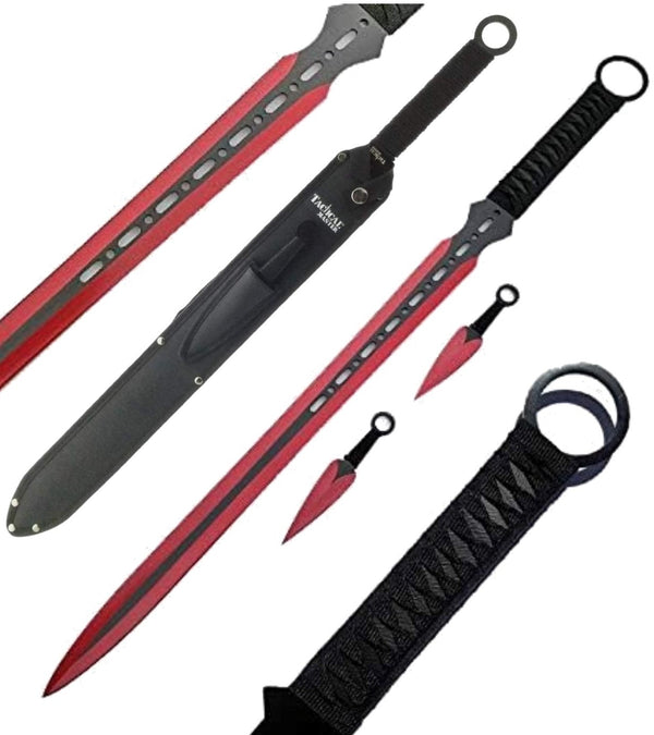 Tactical Master 27" Red/Blk Ninja Machete Sword with 2 Throwing Knives