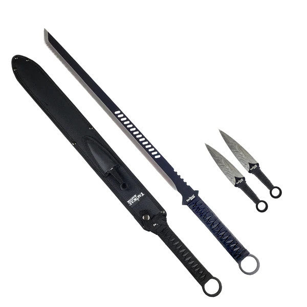 Tactical Master 27" Silver/Blk Tanto Machete Sword with 2 Throwing Knives