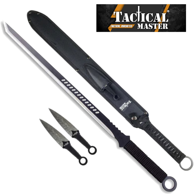 Tactical Master 27" Silver/Blk Tanto Machete Sword with 2 Throwing Knives