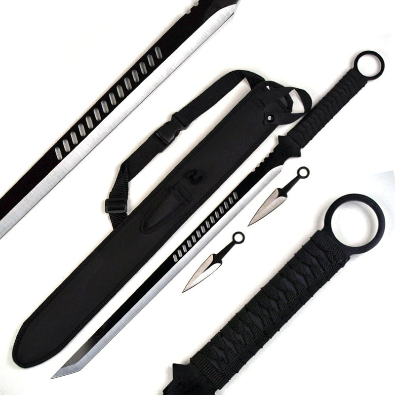 Tactical Master 27" Silver/Blk Tanto Machete Sword with 2 Throwing Knives