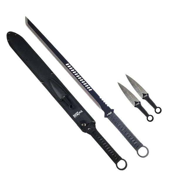 Tactical Master 27" Silver/Blk Tanto Machete Sword with 2 Throwing Knives