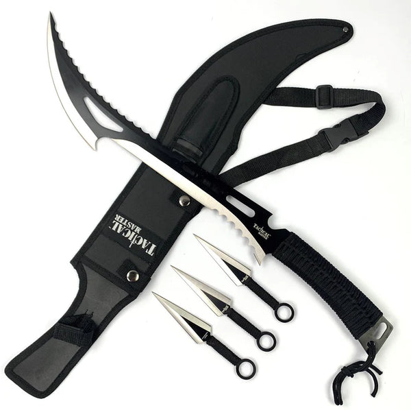 Tactical Master 26" Black/Silver Machete Sword with 3 Throwing Knives