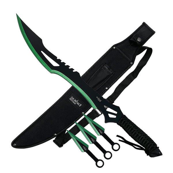Tactical Master 26" Black/Green Machete Ninja Sword &  3 Throwing Knife Set