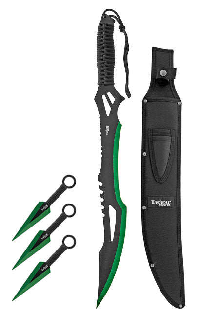Tactical Master 26" Black/Green Machete Ninja Sword &  3 Throwing Knife Set