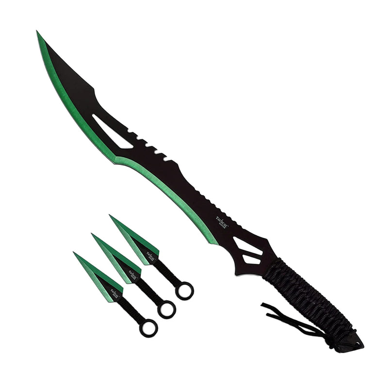 Tactical Master 26" Black/Green Machete Ninja Sword &  3 Throwing Knife Set