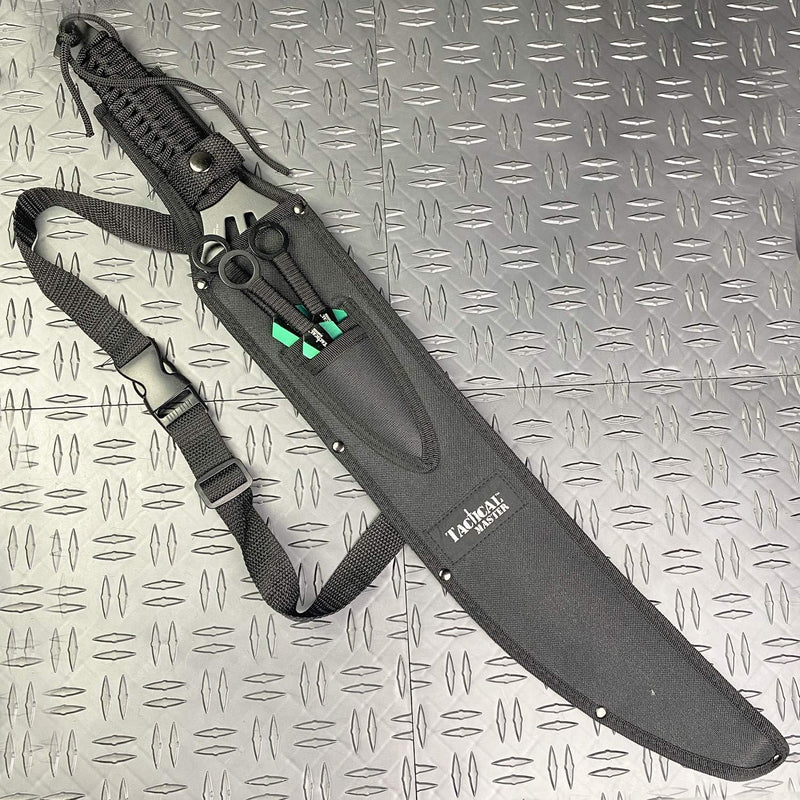 Tactical Master 26" Black/Green Machete Ninja Sword &  3 Throwing Knife Set