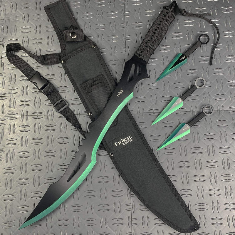 Tactical Master 26" Black/Green Machete Ninja Sword &  3 Throwing Knife Set