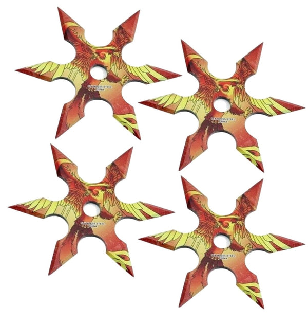 Snake Eye 4" Flaming Phoenix 6 Point Throwing Star 4 Set