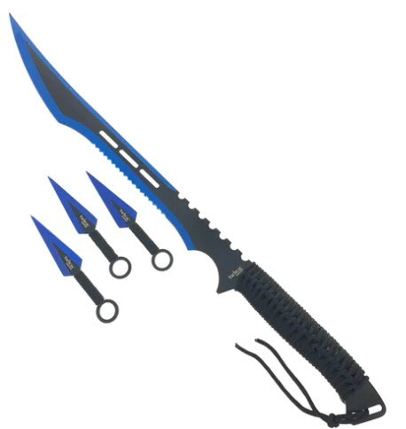 Tactical Master 28" Black & Blue Machete & Throwing Knife Set