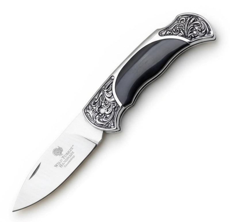 Wild Turkey Handmade 7.5" Black Inlay Silver Bolster Folding Knife