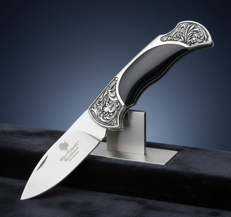 Wild Turkey Handmade 7.5" Black Inlay Silver Bolster Folding Knife