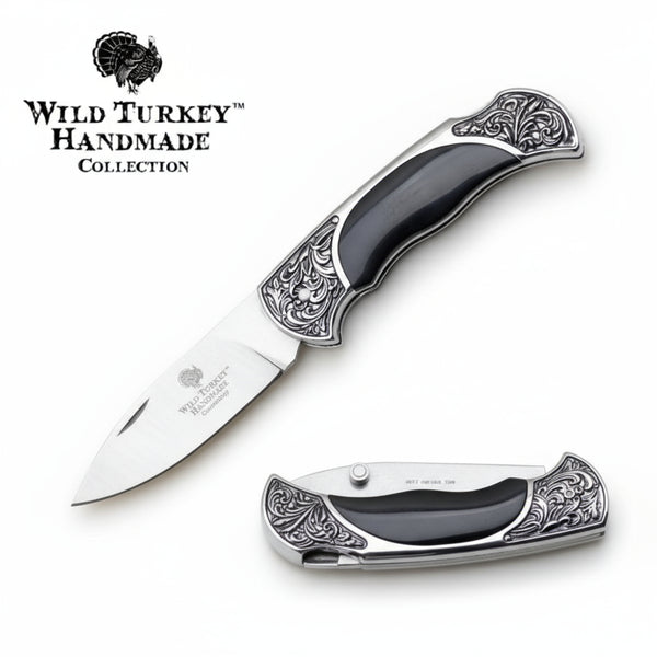 Wild Turkey Handmade 7.5" Black Inlay Silver Bolster Folding Knife