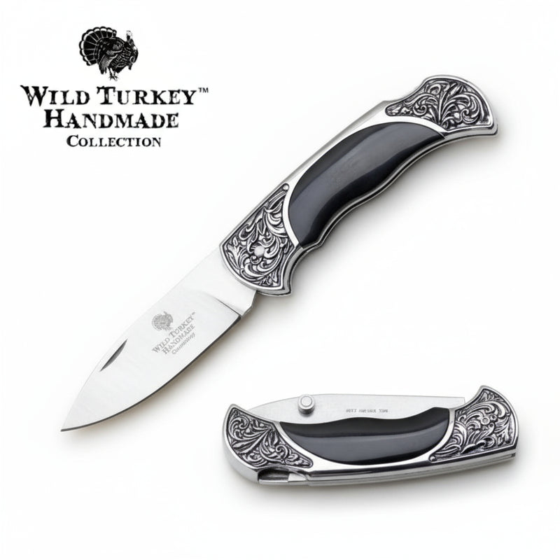 Wild Turkey Handmade 7.5" Black Inlay Silver Bolster Folding Knife