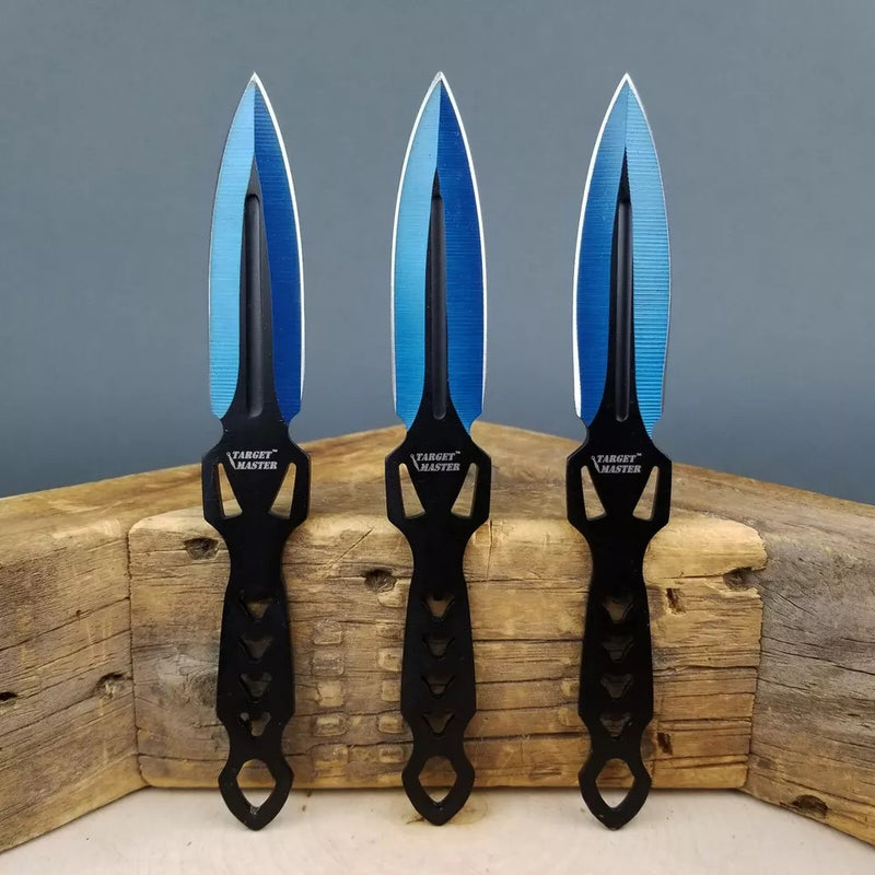 Target Master 3 Set Blue Stealth Dual Edge Spear Point Throwing Knife Set 6"