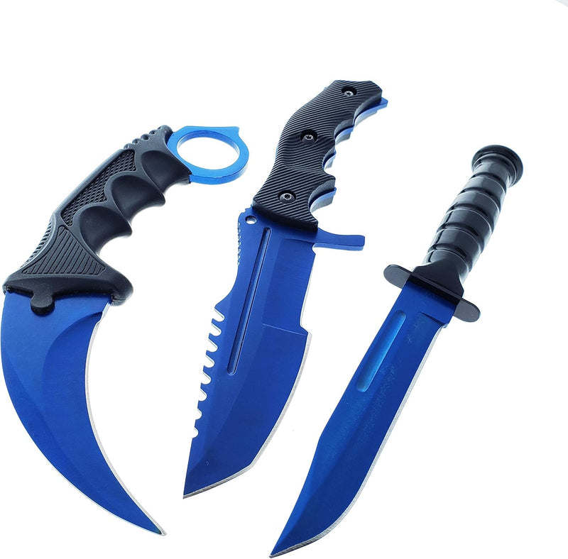 Falcon Tactical CS:GO Electro Blue Tactical Set: Huntsman Knife, Tactical Combat Knife, and Karambit Knife