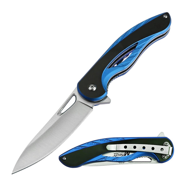 MTech USA 8" Blue Satin Drop Point Folding Knife