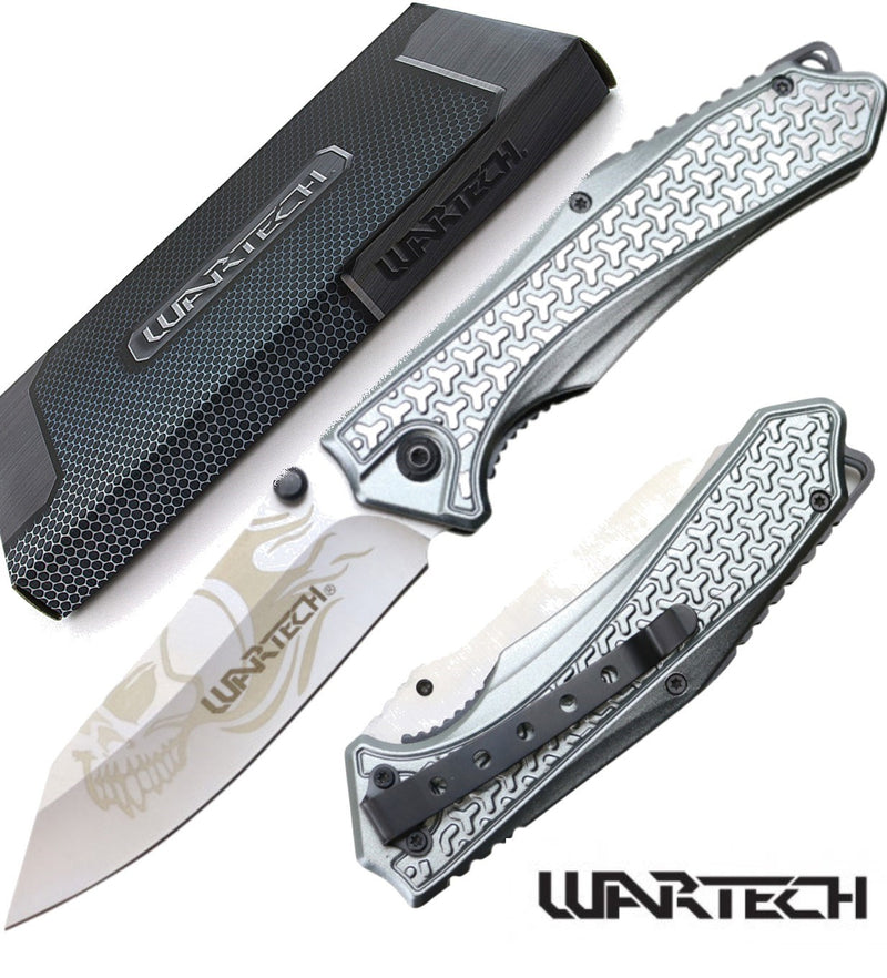 Wartech 8 1/2" Tactical Drop Point Silver Skull Folding Knife