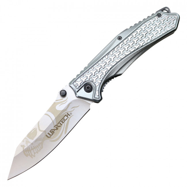 Wartech 8 1/2" Tactical Drop Point Silver Skull Folding Knife