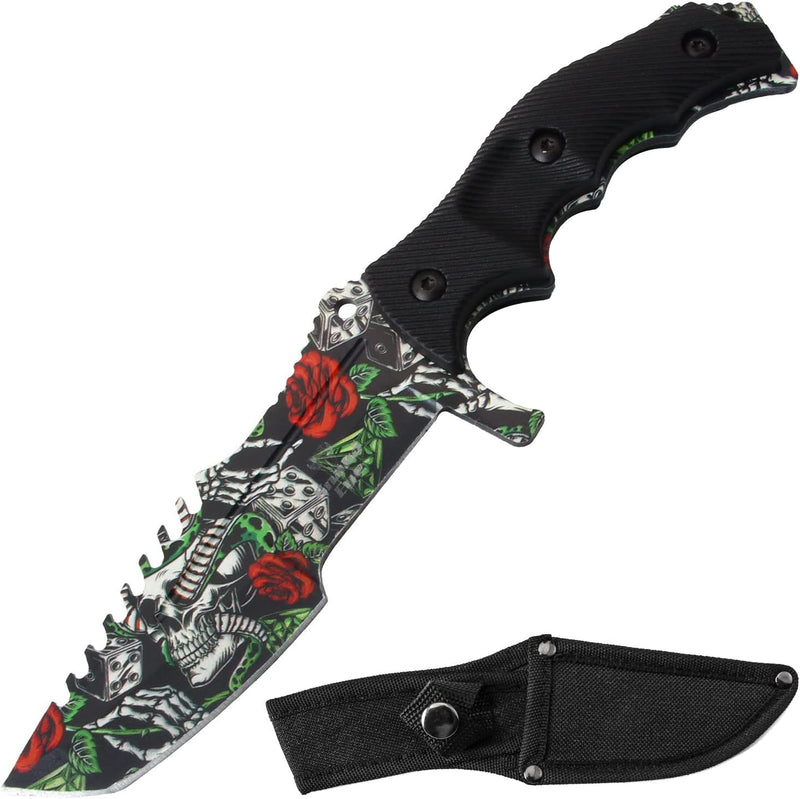 Snake Eye Tactical 8.5″ Green/Grey Skull & Rose Huntsman Fixed Blade Knife
