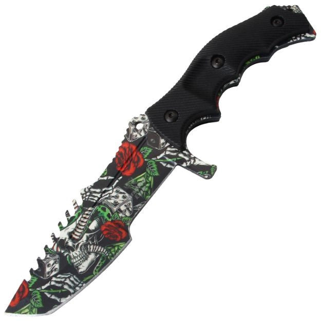 Snake Eye Tactical 8.5″ Green/Grey Skull & Rose Huntsman Fixed Blade Knife