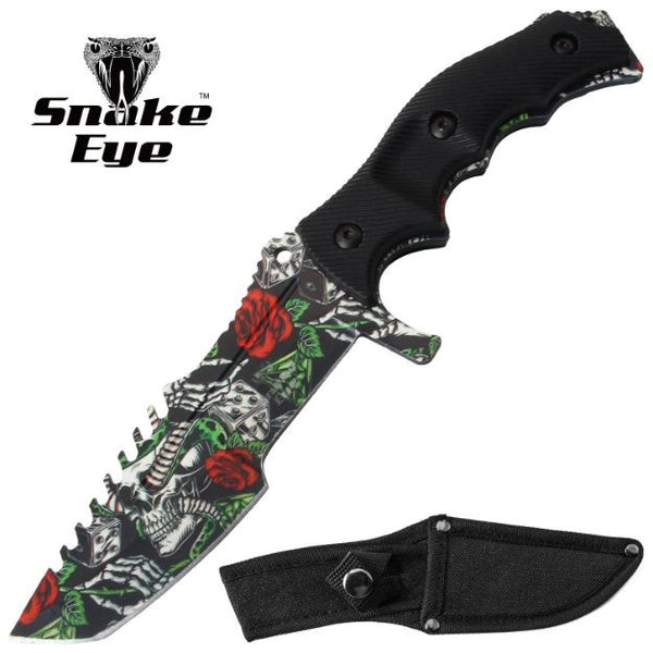 Snake Eye Tactical 8.5″ Green/Grey Skull & Rose Huntsman Fixed Blade Knife